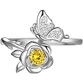 Jewmon Butterfly Rose Birthstone Ring for Women Valentines Day Gifts for Her 925 Sterling Silver Butterfly Birth Stone Ring Elegant Rose Promise Ring Birthstone Jewelry Gift for Girlfriend Wife
