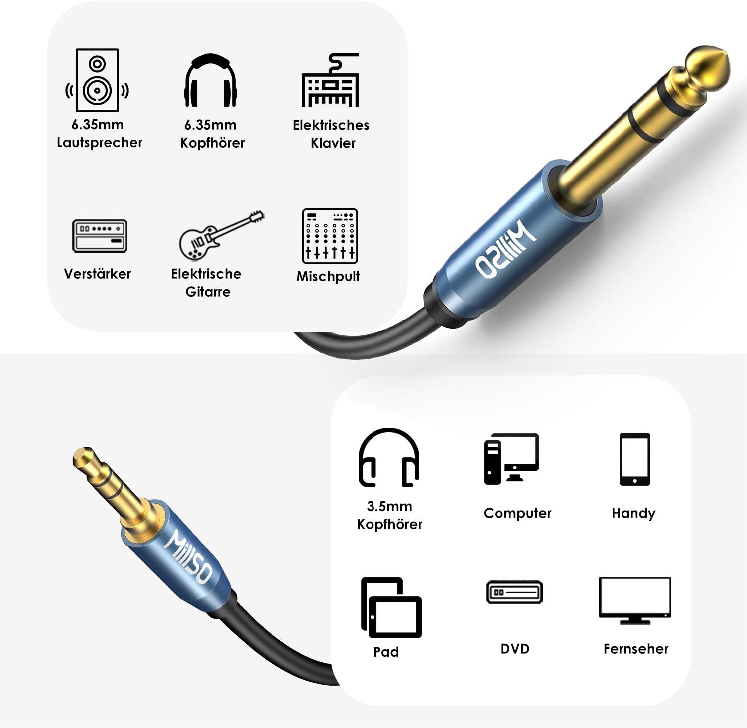MillSO 3.5mm to 6.35mm Headphone Jack Adapter (5 M / 16 FT) 1/4 inch to 3.5mm TRS Stereo Audio Aux Adapter compatible for Home Audio Amplifiers - Image 3