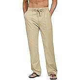 DOWMQ Mens Linen Pants Casual Elastic Waist Drawstring Pants Loose Straight Linen Pant Beach Trousers with 4 Pockets