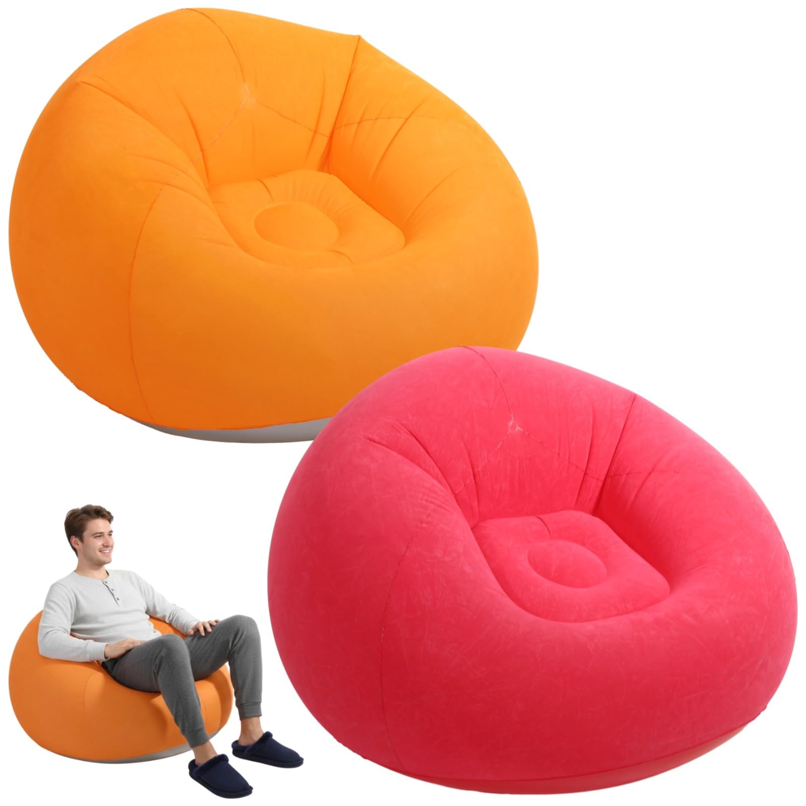 Photo 1 of 2 Pcs Inflatable Lazy Sofa Chairs, 41.3 in Inflatable Bean Bag Chairs Set, Portable Inflatable Chair for Adults Youngsters, Indoor Outdoor Lounging, Red & Orange