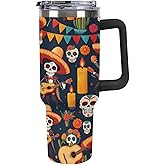 Quteprint 40oz Insulated Stainless Steel Tumbler with Handle, Mexican Day of The Dead Skull Leakproof Water Bottles Travel Mug with Lid And Straw for Water, Iced Tea Or Coffee for Most Car Cup Holder