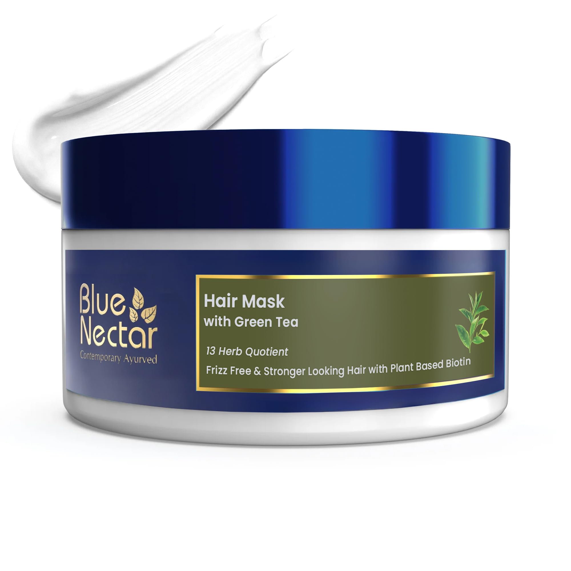 Blue Nectar Green Tea Hair Mask for Dry & Frizzy Hair | Plant Based Biotin Deep Conditioning Hair Mask for Damaged & Curly Hair, All Hair types (13 Herbs, 200g)