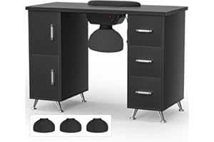 Charmmade Manicure Table Nail Desk with Dust Collector Professional Nail Desk for Nail Tech Table Station, Drawers and Cabinet, Metal Legs, Wrist Cushion, 3 Dust Bags, Black
