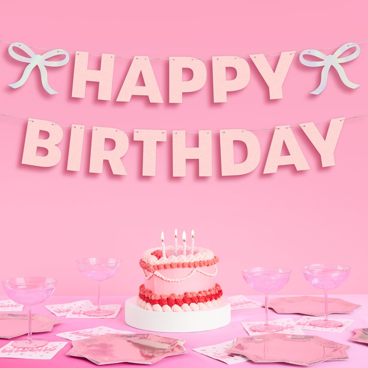 Photo 1 of xo, Fetti Happy Birthday Banner, Foil + Pink Glitter | Princess Party Decorations, Bow Garland, 21st Decor, Coquette Graduation, Girls Bday Sign
