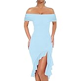BORIFLORS Women's Sexy Off The Shoulder Bodycon Midi Dresses Elegant Ruched Ruffle Hem Cocktail Party Dress