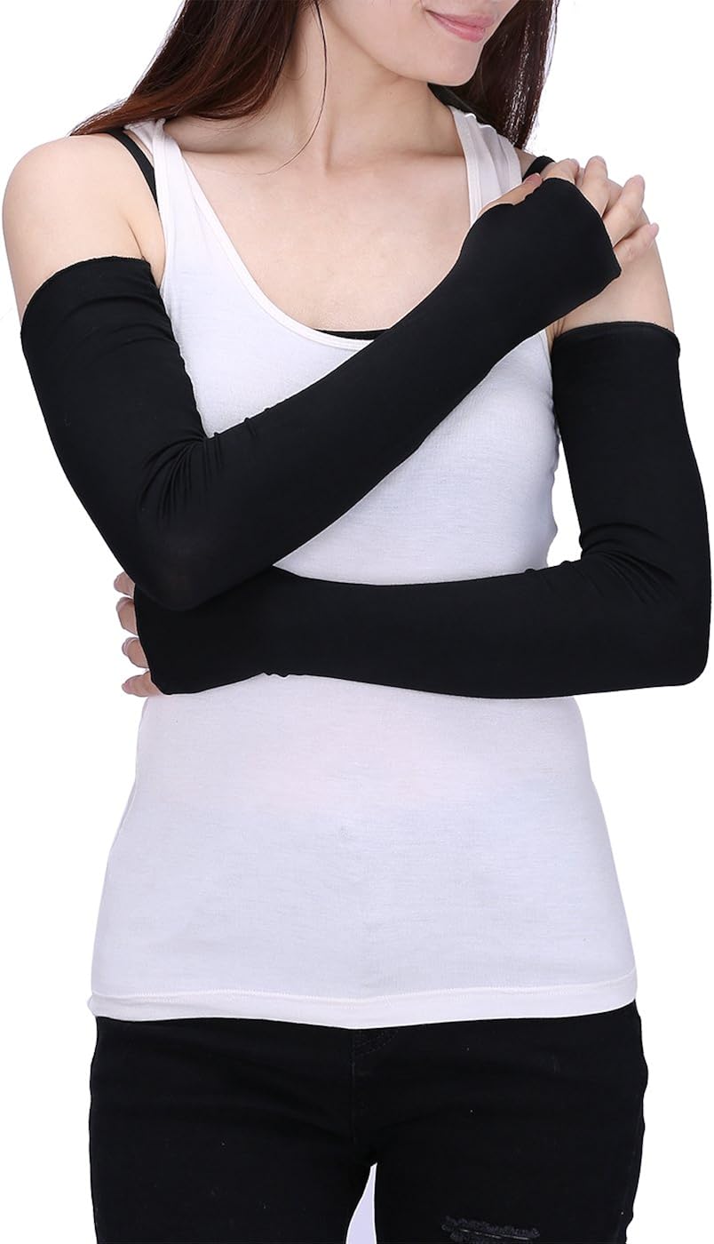 HDE Women Fingerless Long Gloves Thumbhole Arm Warmer Sleeve Elbow Length (Black) at  Women’s Clothing store