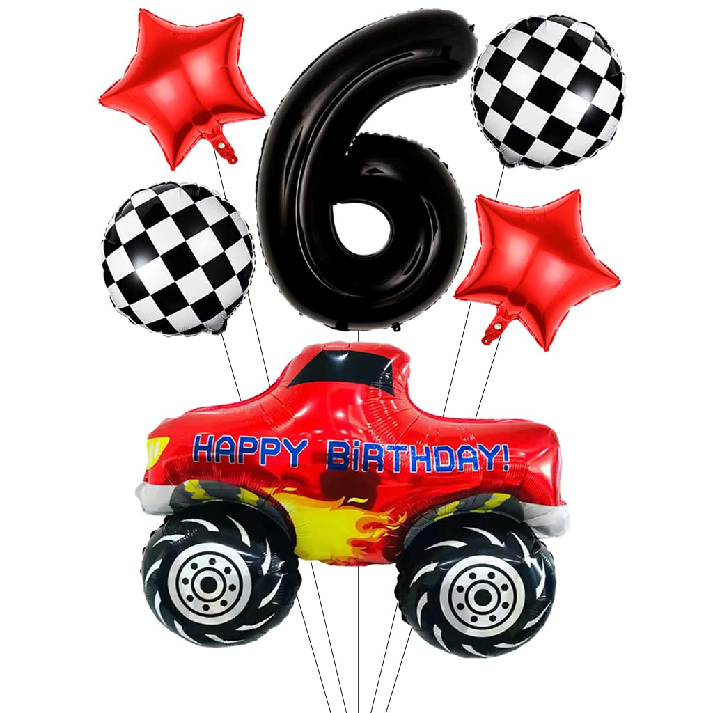 Liitata Giant Race Car Balloon - 6th Race Truck Birthday Decor Black Number 6 Foil Balloon with Checkered Flag and Star for Boy's Birthday Party Theme