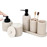 Beige Bathroom Accessory Set - 6 Pcs: Toothbrush Holder, Lotion & Foaming Soap Dispensers, Qtip Holder, Vanity Tray, Bathroom Tumbler - Countertop Organizer