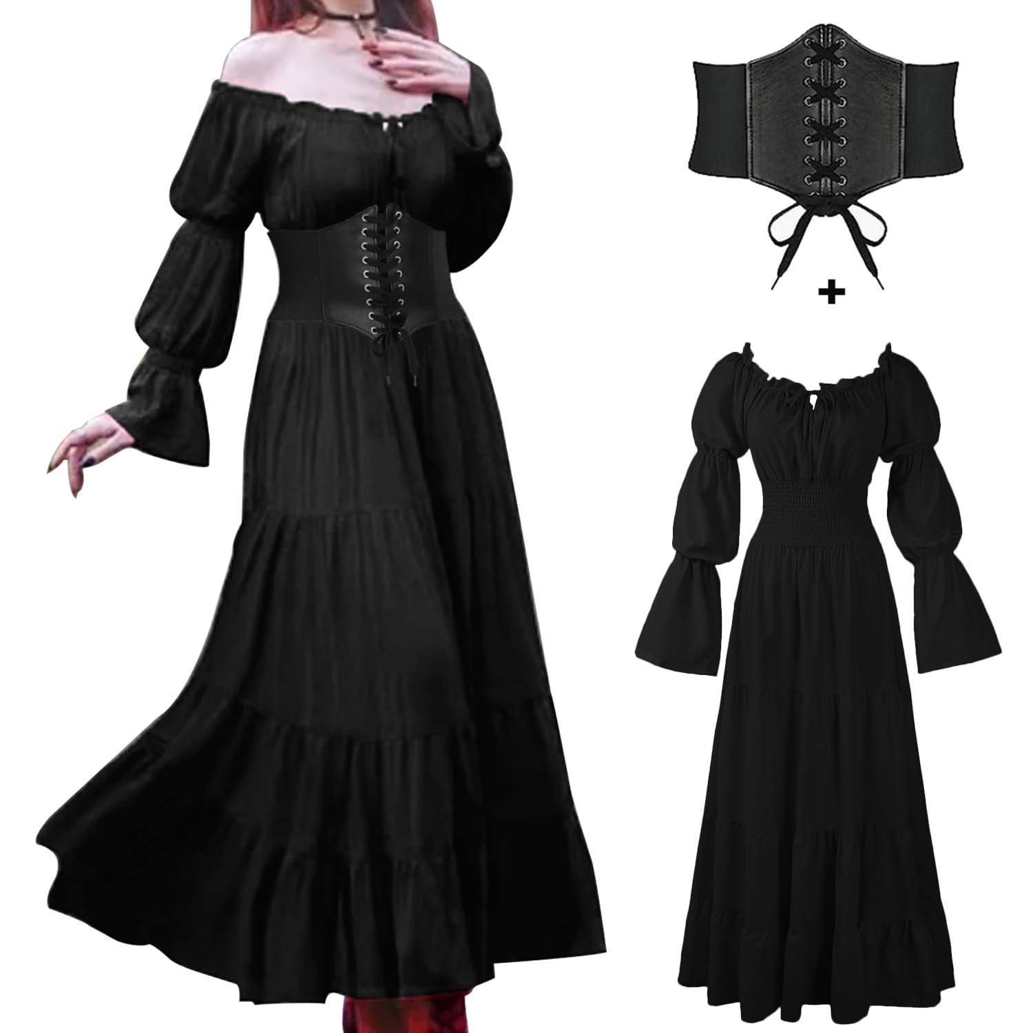 Photo 1 of BITSEACOCO Halloween Renaissance Dress for Women, Medieval Victorian Gothic Pirate Peasant Witch Costume Irish Fairy Dresses (Black,S)