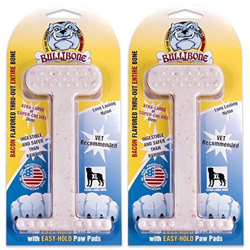 Bullibone Nylon Dog Chew Toy Bacon XL Nylon Bone - 2 Pack- Improves Dental Hygiene, Easy to Grip Bottom, and Permeated with Flavor