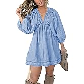 utcoco Denim Dress for Women Puff 3/4 Sleeves V Neck Swing A Line Cute Babydoll Mini Jean Dresses for Women 2025
