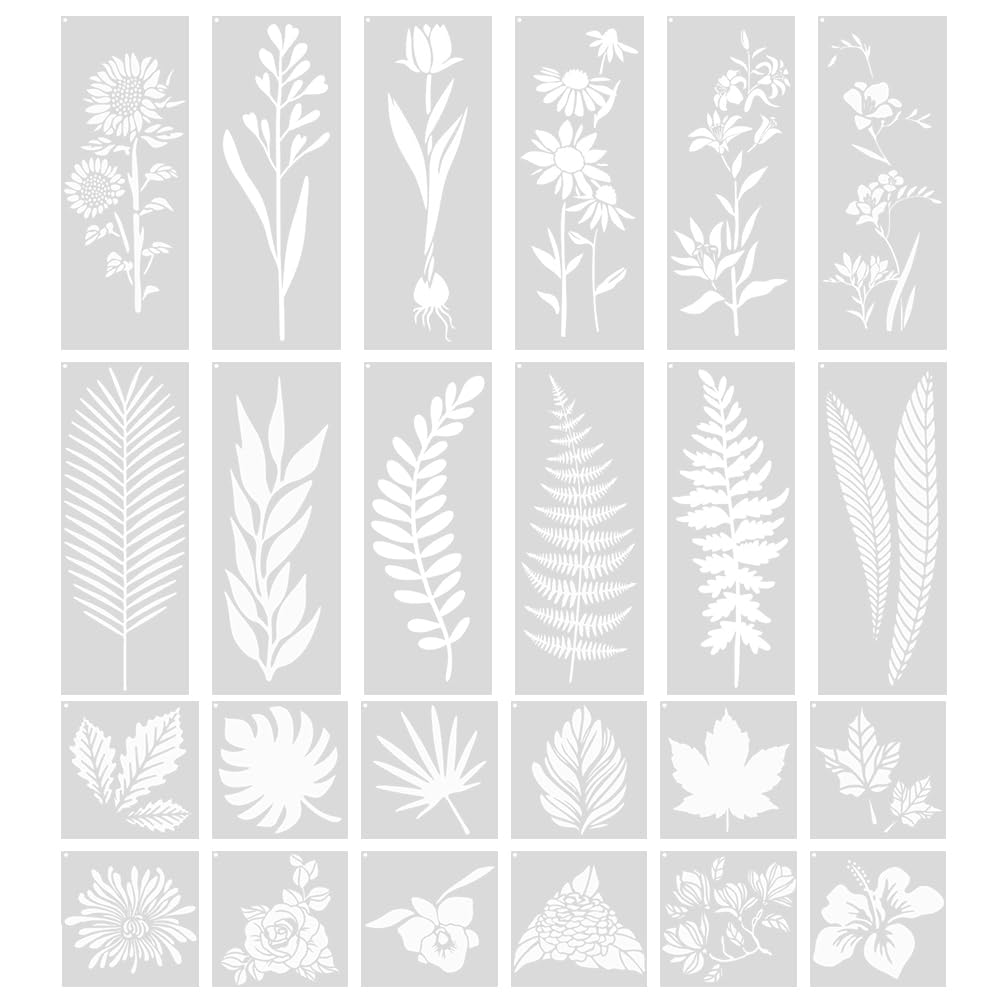 ONEBO 24-Piece Flower & Plant Painting Template Set, PET Hollow Drawing Board, Reusable Stencil for DIY Scrapbooking, Painting & Craft Accessories
