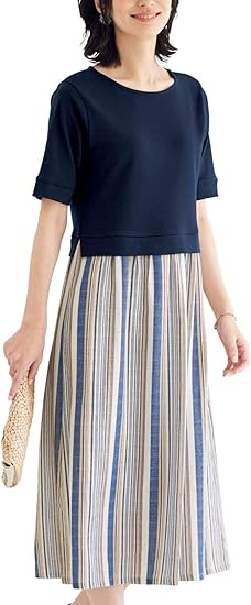 Amazon Co Jp ベルーナ 異素材使い ドッキング ワンピース レディース Bu Ll 服 ファッション小物