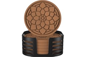 HAPILAIF ㅤ Coasters 6 Pack with Holder, Drink Coasters for Coffee Table, Cup Coasters for Desk Home Decor Tabletop Protection Non-Slip and Non-Stick, Round Brown Coasters