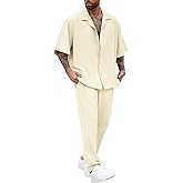 LecGee Men Summer Casual Short Sleeve Pant Sets Solid Button Down Shirt Elastic Pants 2 Piece Outfits Beach Tracksuit