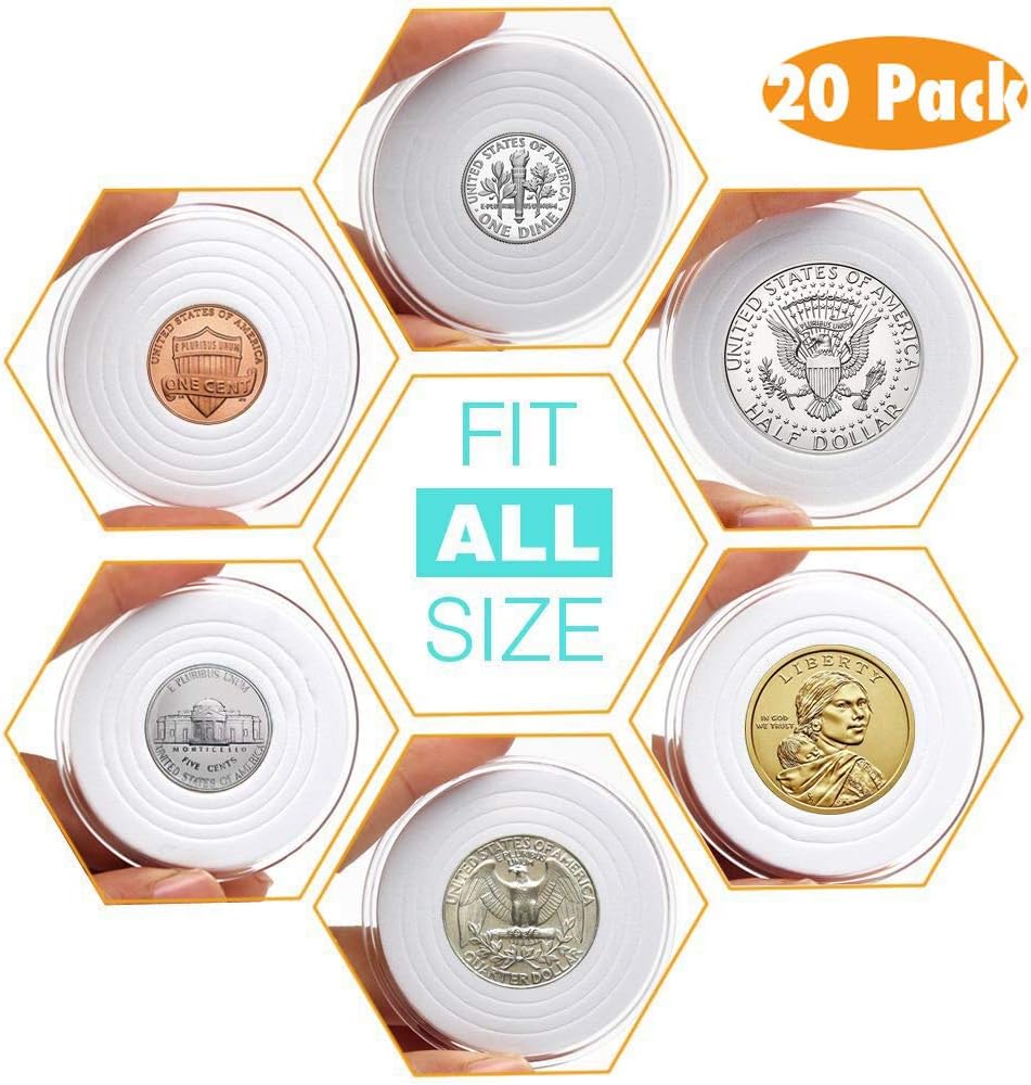 AukeyStar Round Clear Plastic Coin Holders Collectors Storage Capsules 16mm-40mm Adjustable Inner Diameter Fit All USA Coin-Cent/5 Cent/Dime/Quarter/Half Dollar/Dollar, 5 Types Mixed, 20 Pack Totally