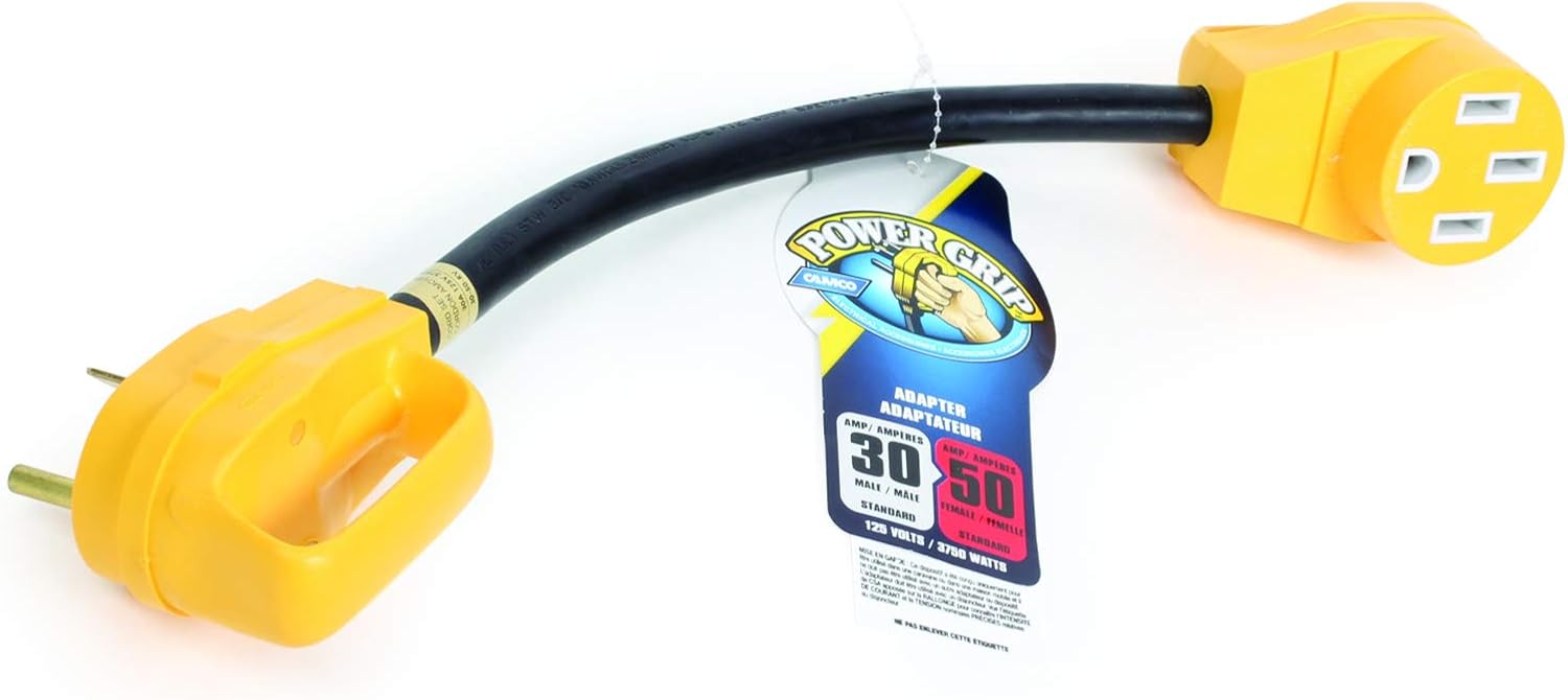 Camco RV Dogbone Electrical Adapter With Easy PowerGrip Handle, 30 Amp Male to 50 Amp Female, 18" (3750W/125V) (55185): Automotive