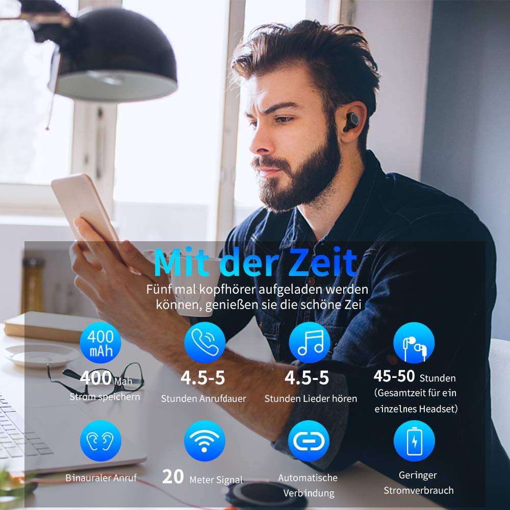 Bluetooth Kopfhörer in Ear - Bluetooth Headset V5.0 Stereo-Minikopfhörer Ohrhörer Bluetooth Kabellos IPX6 Wasserdicht True Wireless Earbuds mit Ladekästchen und Integriertem Mikrofon, von Ruicer