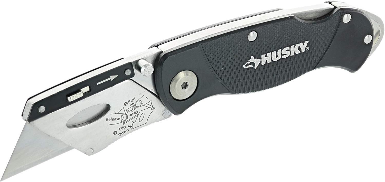 Husky 21113 Folding Sure-Grip Lock Back Utility Knife w/ 10 Disposable Blades Included (Colors Vary) - Utility Knives - 