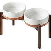 Havniva Ceramic 8.2inch Raised Double Dog Bowls Set with Acacia Wood Stand, Food & Water Bowls for Large Breed Dogs, Weighted Pet Dishes(60oz, Vanilla White)