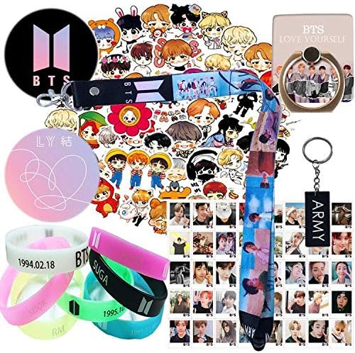 BTS Gift Set for ARMY - 1 Pack BTS Lanyard Keychain, 7 Pack BTS Silicone Bracelet, 1 Pack Phone Ring Stand, 1 Pack ARMY Keychain,40 Pack Lomo Card, 63 Pcs Laptop Stickers, 2 Pack Button Pin