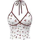RoseSeek Women's Cherry Print Halter Camisole Tops Backless Slim Fit Crop Tops Coquette Streetwear Going Out Cami Tops
