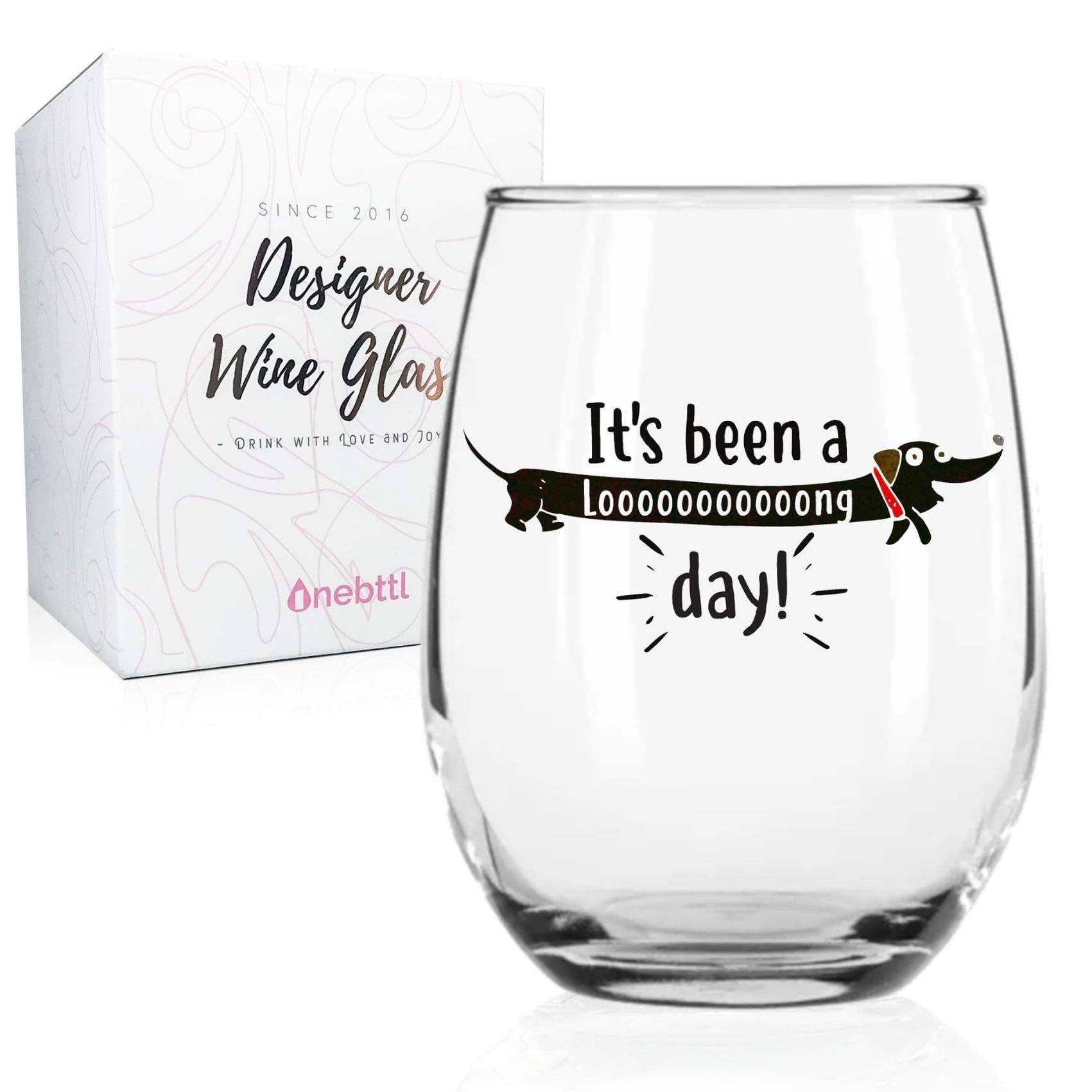 Dachshund Gifts for Women Men, Funny Glass for Sausage Weiner Weenie Dog Lover, Owner, Onebttl 550ml Stemless Wine Glass, It's Been A Long Day
