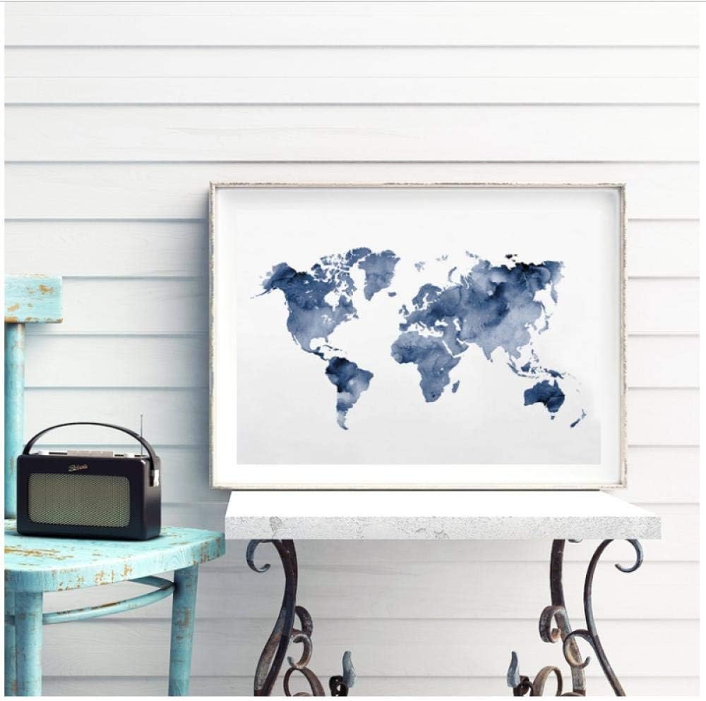 caomei Blue World Map Print Navy Map Poster Traveler Gift Abstract Watercolor Wall Art Canvas Painting Picture for Living Room Decor -50x70cm(no Frame)
