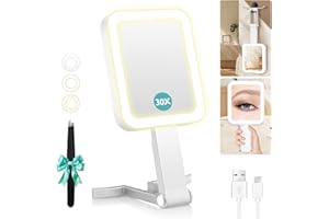 B BEAUTY PLANET Magnifying Travel Makeup Mirror with Lights, Double-Sided 1X/30X Magnifying Mirror, 3 Color Lighting & Brightness Adjustable, Portable &Foldable Handheld Mirror with Lights(10" L x 5" W)
