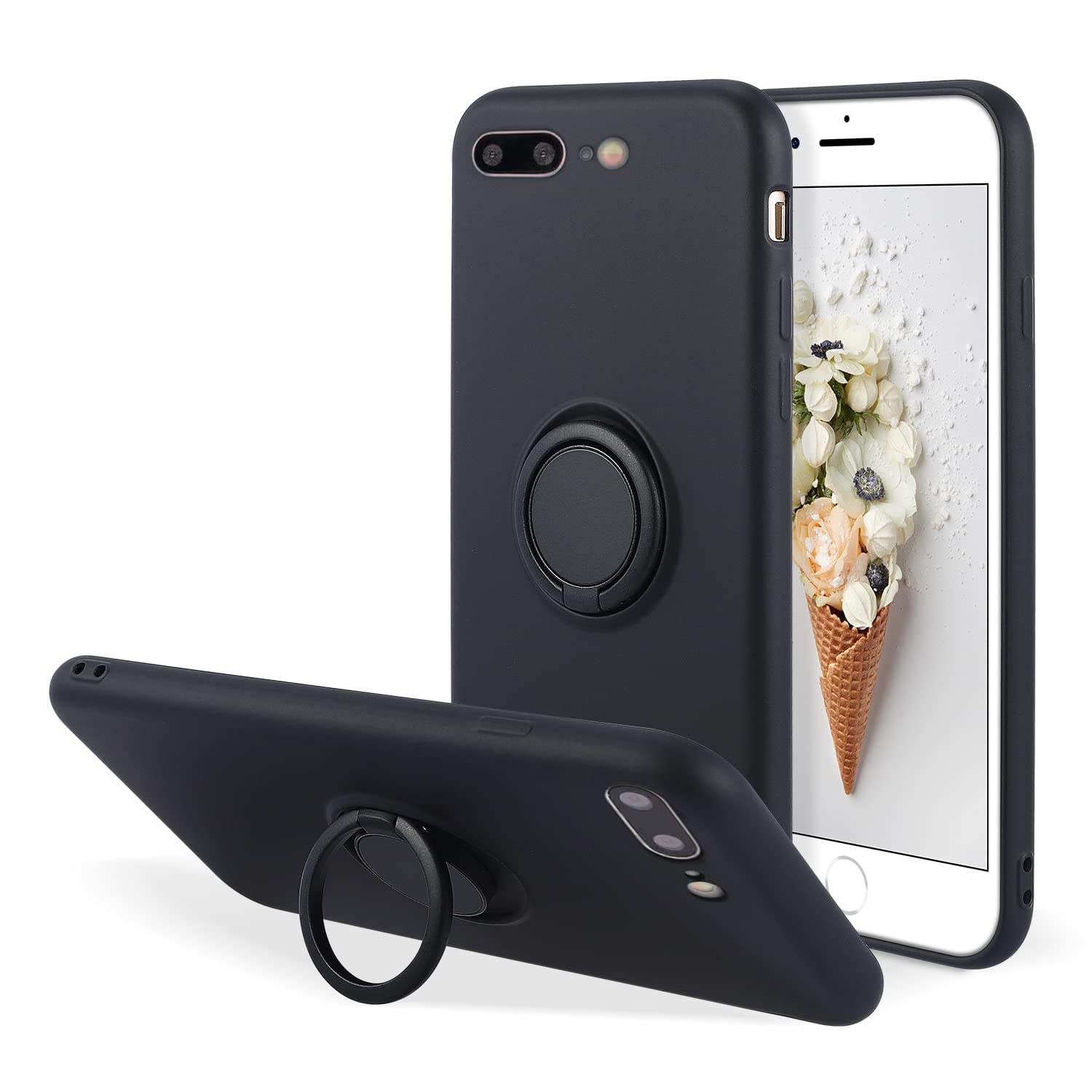 UEEBAI Case for iPhone 7 Plus iPhone 8 Plus, Ultra Slim Liquid Silicone Phone Case with 360 Rotatable Ring Holder Kickstand with Magnetic Car Mount Gel Rubber TPU Bumper Shockproof Cover - Black