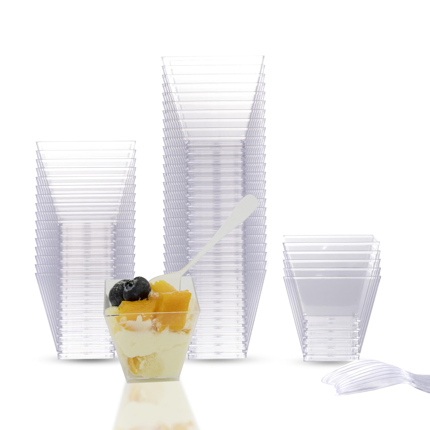 Mini Dessert Cups with Spoons, 2oz/60ml 50 Pcs Reusable Plastic Square Dessert Cups with 50 Pcs Plastic Spoons, Dessert Pots Bowls, ClXear Cheesecake Pots Cups for Dessert Pudding Mousse Party