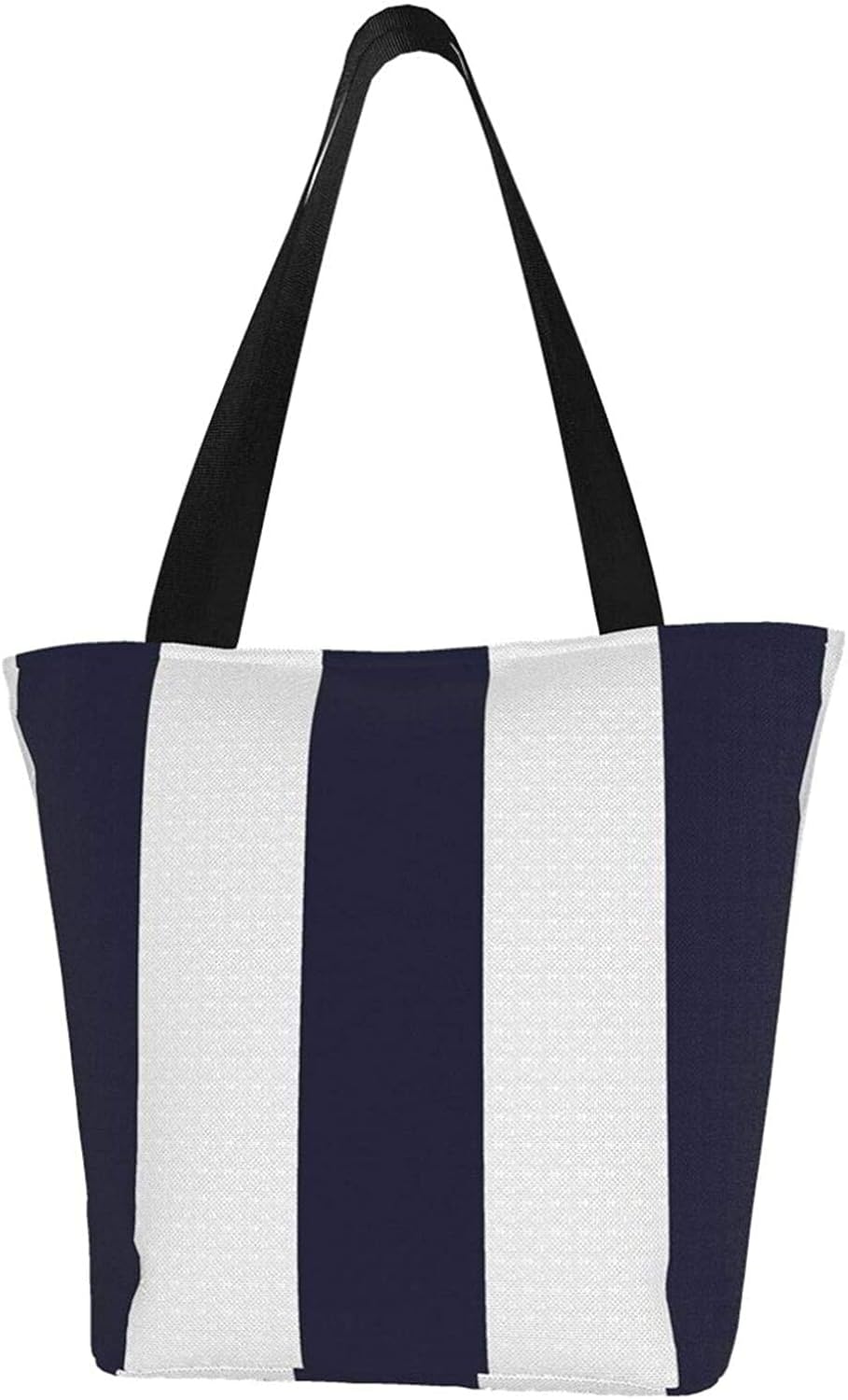 Navy Blue And White Stripes Canvas Tote Bags With Zipper And Inner Pocket Reusable