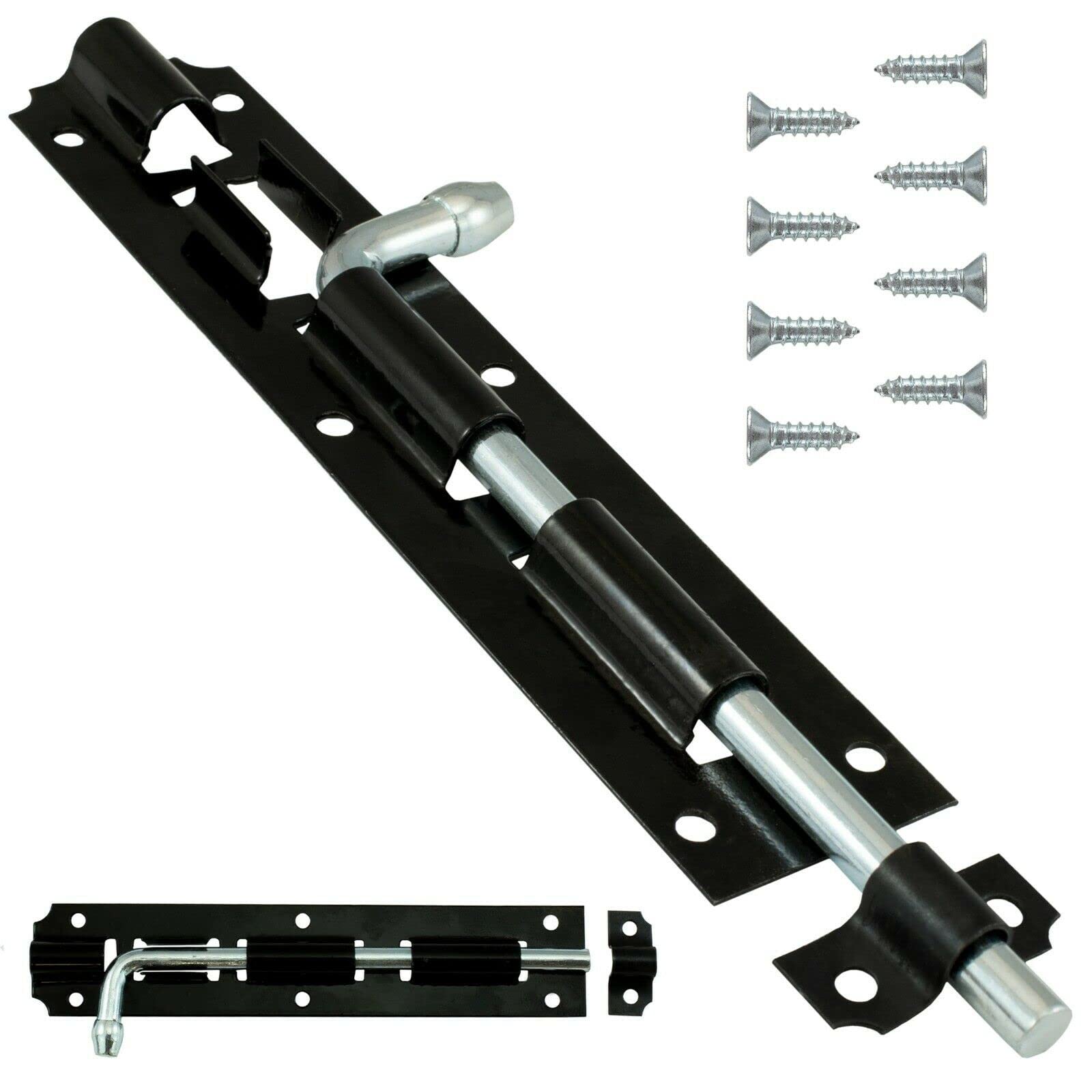 Tower Bolt with Screws Heavy Duty Straight Black Lock Slide Gate Door Garden Latch Wooden Shed Ideal for Use with Shed Doors Gates and Outhouse Doors 1PC