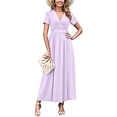 WEACZZY 2026 Summer Long Dresses for Women Wrap Empire Pleated Waist V Neck Short Sleeve Elegant Maxi Dress with Pockets