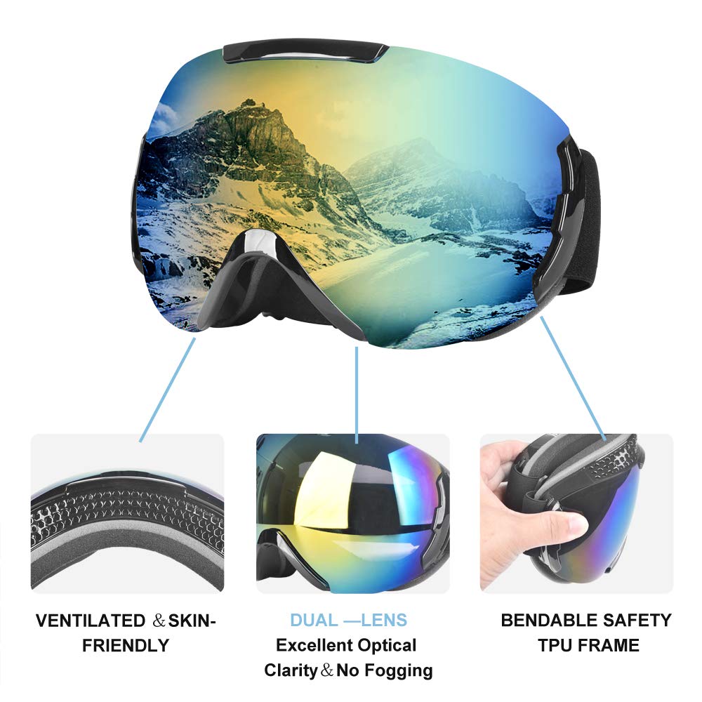 Lunette de Ski,Masque Ski sphériques avec Double Lentille Anti-buée,Coupe-Vent,Protection UV 100%,Lunettes de Protection de Snowboard OTG Ajustables, Anti-reflets Grand Angle,pour Homme/Femme