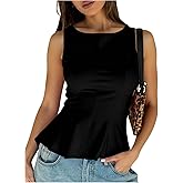 GORGLITTER Women's Sleeveless Babydoll Peplum Tops Dressy Trendy Elegant Casual Crew Neck Ruffle Going Out Tank Tops