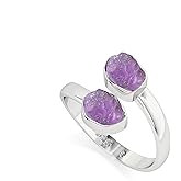 LUSTRE AND LIGHT Natural Raw/Rough Amethyst 2 Stone Size Adjustable Stackable Twister Ring for Women in Sterling Silver, February Birthstone Jewelry Gifts for Her (Bezel-Set)