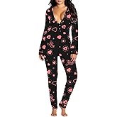Sorlife Women Sexy Bodycon Onesie Pajama Heart Print Long Sleeve Button V Neck Jumpsuit One Piece Romper Valentines Sleepwear