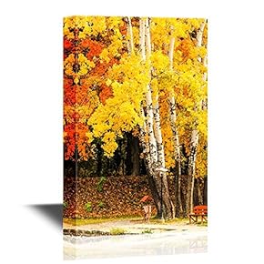 Canvas Wall Art - Bench and Maple in City Park in The Autumn - Gallery Wrap Modern Home Art | Ready to Hang - 12x18 inches