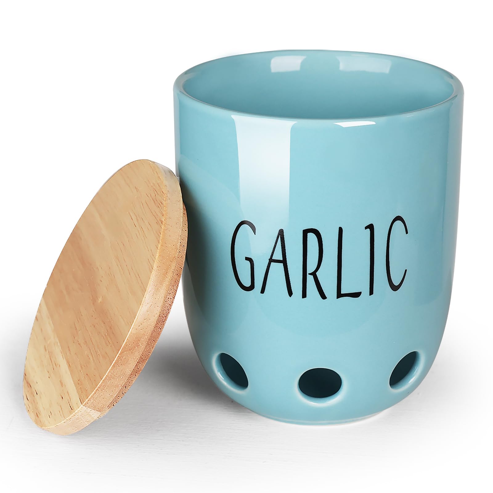 Photo 1 of Ceramic Garlic Keeper for Counter, Garlic Saver Container with Wood Lid, Garlic Keeper for Kitchen, Garlic Holder to Keep Your Garlic Cloves Fresh Longer (Turquoise)
