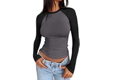 Trendy Queen Women's Long Sleeve Shirts Slim Fit Stretchy Color Block Slightly Cropped Tops