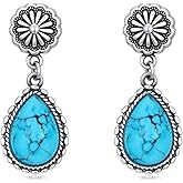 BETHZA Genuine Turquoise Dangle Earrings 925 Sterling Silver Natural Teardrop Turquoise Flower Drop Earrings Western Navajo Boho Jewelry Gifts for Women Mom Wife Her