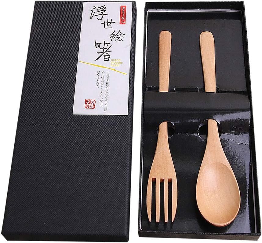 Natural Wooden Cutlery Set Gift Box - Japanese Style Portable Kitchen Dinnerware - Reusable Tableware Travel Utensils Kit - Chopstick Spoon Forks for Camping Picnic Office Home (D)