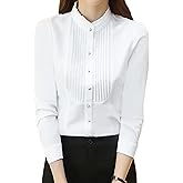 GJPINYIYI Womens Vintage Button Down Shirts Pleated High Neck White Long Sleeve Dress Shirts Wrinkle Free Tops