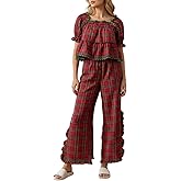 Keliholiyu Women Christmas Pajama Set Puff Sleeve Ruffle Hem Plaid Babydoll Blouse Side Split Wide Leg Pants Y2k Gingham Pjs