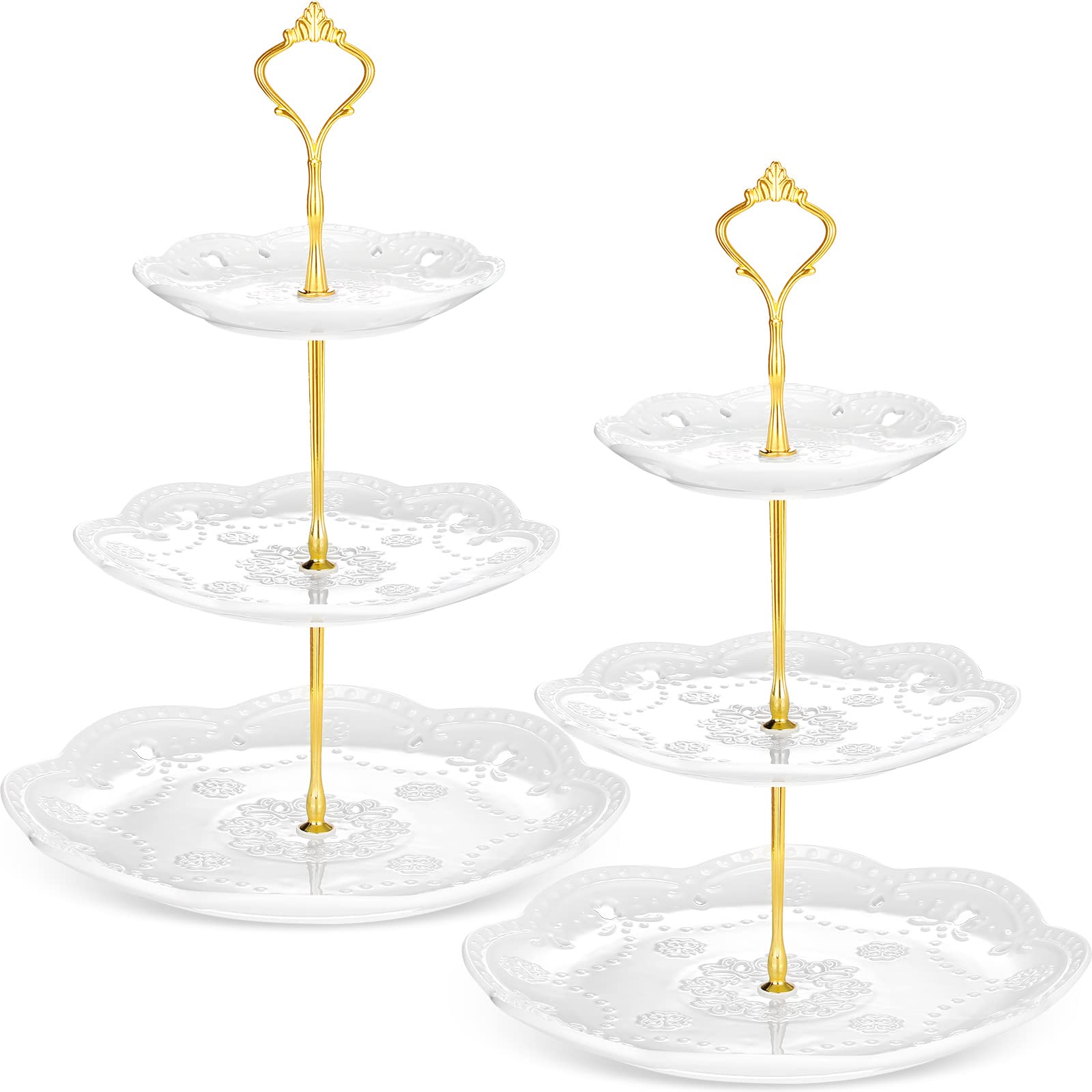 Photo 1 of Tatuo 2 Pcs 3 Tier Porcelain Cupcake Stand, Cup Cake Holder Tower, Pastry Serving Elegant Dessert White Ceramic Tiered Stand for Wedding, Birthday, Tea Party(Lace Round Shape)