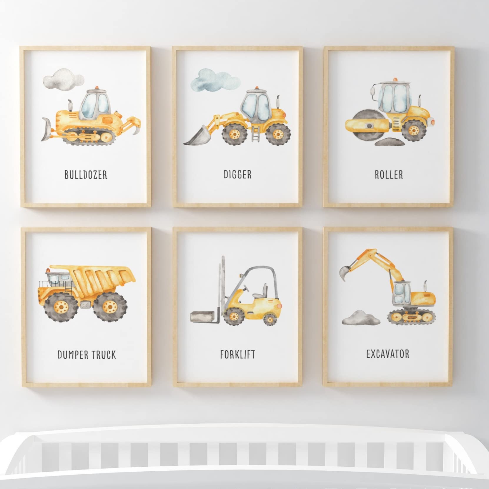 Pompom Prints® Watercolour Construction Vehicles Children's Nursery Bedroom Wall Art Picture Prints Poster for Baby Boy. Set of 6 [Picture Frames NOT Included] (A3)