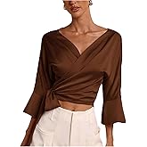 SweatyRocks Women's Bow Tie Side Wrap Blouses V Neck 3/4 Length Sleeve Crop Tops