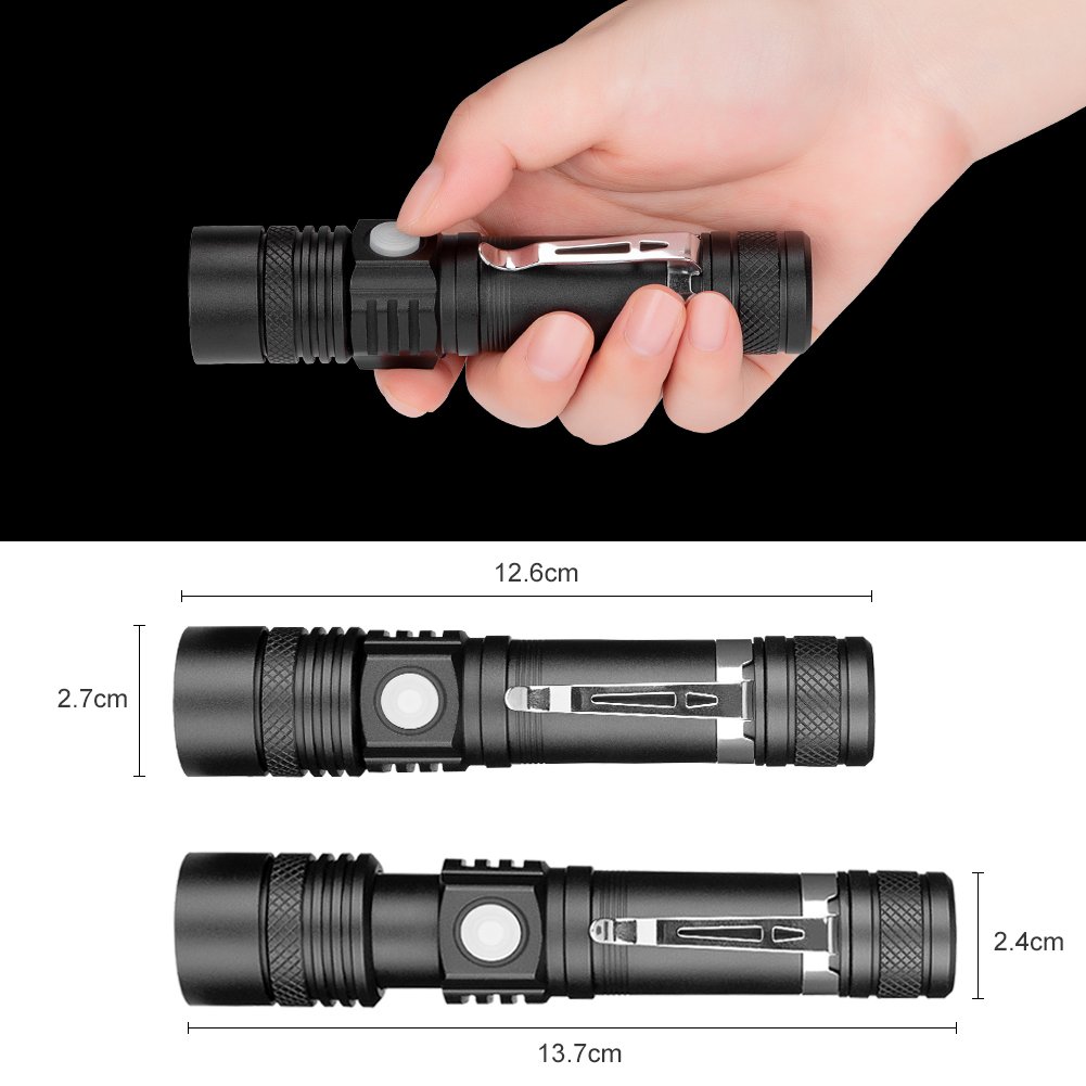 Torche Lampe LED Rechargeable USB, Coquimbo Lampe de Poche 600 Lumens, IP65 Étanche, 4 Modes Eclairage, Lampe de Poche Zoomable pour Ménage, le Camping, La Randonnée, D\'urgence (Batterie Incluse)