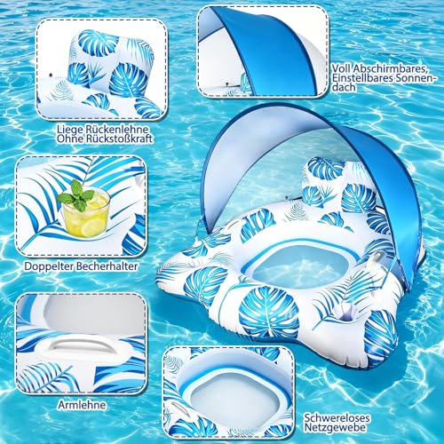 Air Mattress Pool for Adults with Adjustable Sun Canopy (Blue) | Tanning Pool Chair with Drink Holders and Armrest, Lounge Swimming Chair for Summer Party & Beach